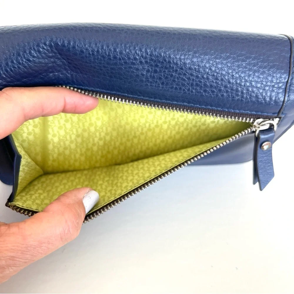 TOUS Navy Pebbled Genuine Leather Silver Bear Tous Logo Scarf and Flap Wallet
